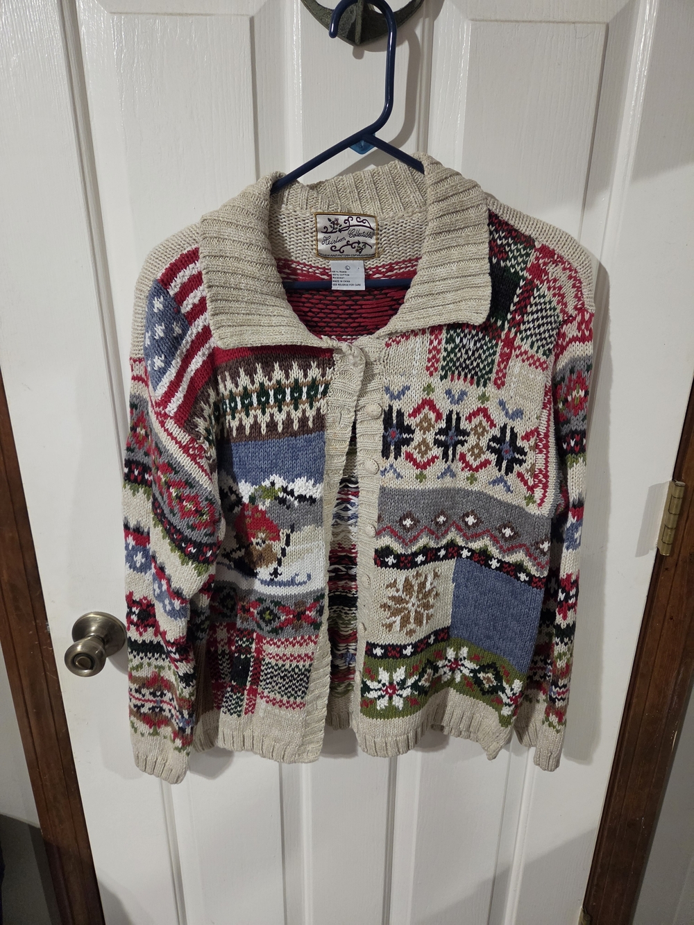 Vintage-Inspired Patchwork Shawl Collar Cardigan - Beige Multi